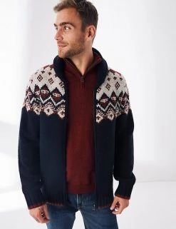 FatFace Men's Jumpers Wool Fair Isle Shawl Collar Zip Up Jumper