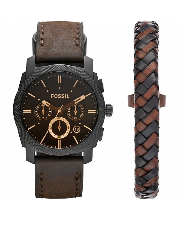Men's Watches Fossil Machine Brown Leather Chronograph Watch Gift Set 3 Men's Watches Fossil Machine Brown Leather Chronograph Watch Gift Set