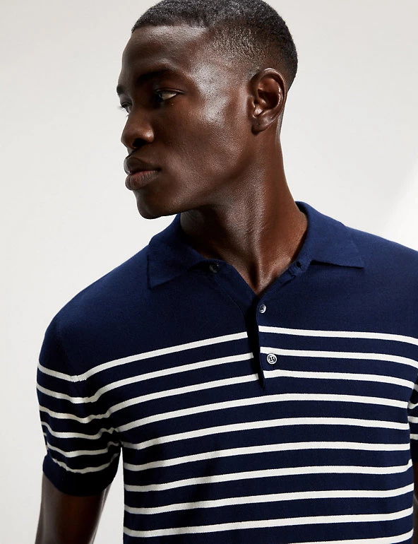 JAEGER Men's Knitted Polo Shirts Pure Cotton Striped Knitted Polo Shirt 6 JAEGER Men's Knitted Polo Shirts Pure Cotton Striped Knitted Polo Shirt - Image 4