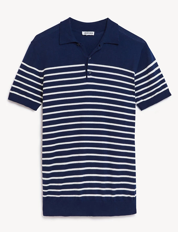 JAEGER Men's Knitted Polo Shirts Pure Cotton Striped Knitted Polo Shirt 4 JAEGER Men's Knitted Polo Shirts Pure Cotton Striped Knitted Polo Shirt - Image 2
